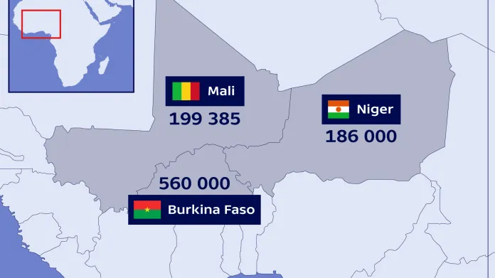 Počet vysídlených osob v zemích Sahelu v roce 2019