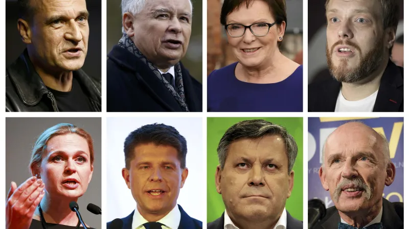 Šéfové polských politických stran: Pawel Kukiz, Jaroslaw Kaczynski, Ewa Kopaczová, Adrian Zandberg, Barbara Nowacká, Ryszard Petru, Janusz Piechocinski a Janusz Korwin-Mikke