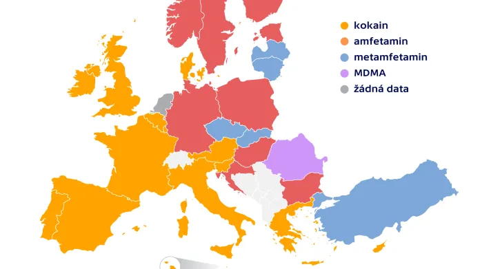 Nejčastěji zachycované stimulační drogy v Evropě, v roce 2017 nebo v posledním roce