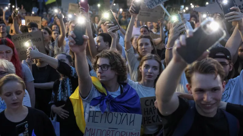 Protesty na podporu bývalého ministra obrany Mychajla Fedorova v Kyjevě (16. srpna 2026)