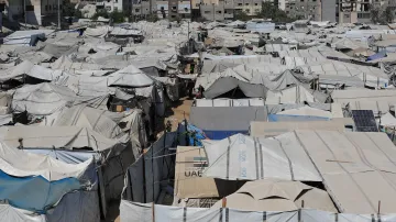 Stanový tábor poskytující útočiště palestinským uprchlíkům ve městě Gaza (9. srpna 2026)