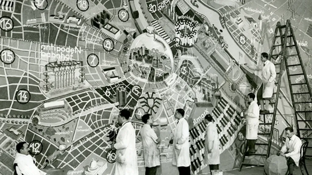 Vídeň v roce 3000, návrh architekta Siegfrieda Theisse na karnevalu v Domě umělců, 1933