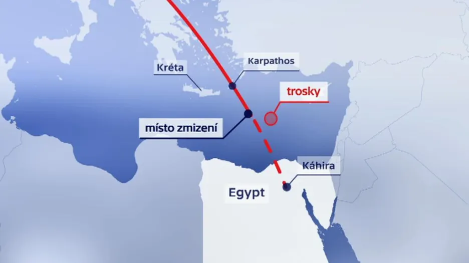 Trasa letu a místo nalezení trosek egyptského airbusu