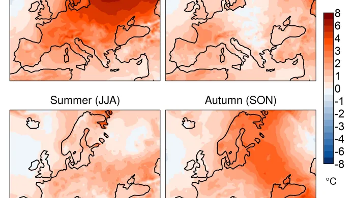 Odchylky teplot povrchového vzduchu pro zimu, jaro, léto a podzim 2020 ve vztahu k příslušnému sezonnímu průměru z let 1981–2010
