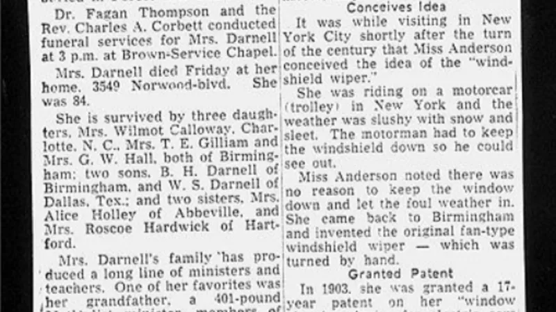 Oznámení o úmrtí Mary Andersonové v novinách