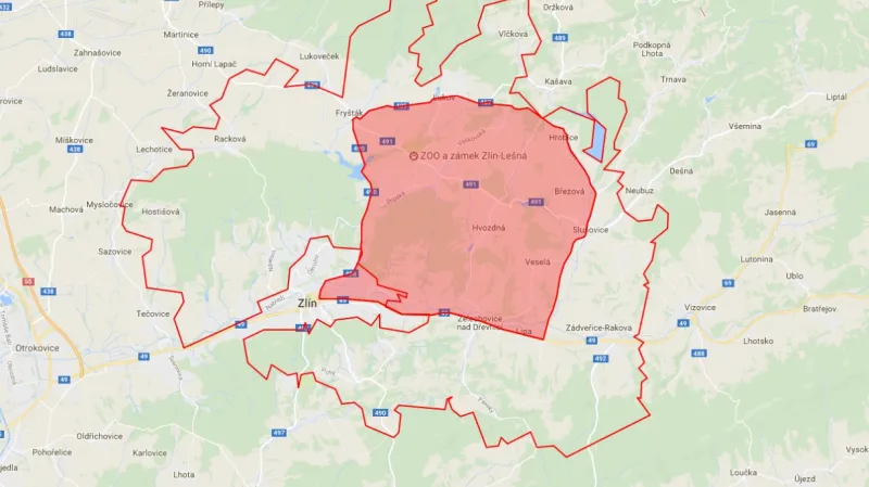 Původní zamořená oblast se zvětšenou rizikovou zónou uprostřed