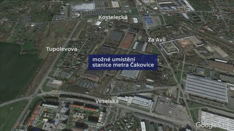 Možné umístění stanice metra Čakovice
