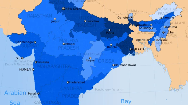 Počet lidí na kilometr čtvereční ve státech Indie