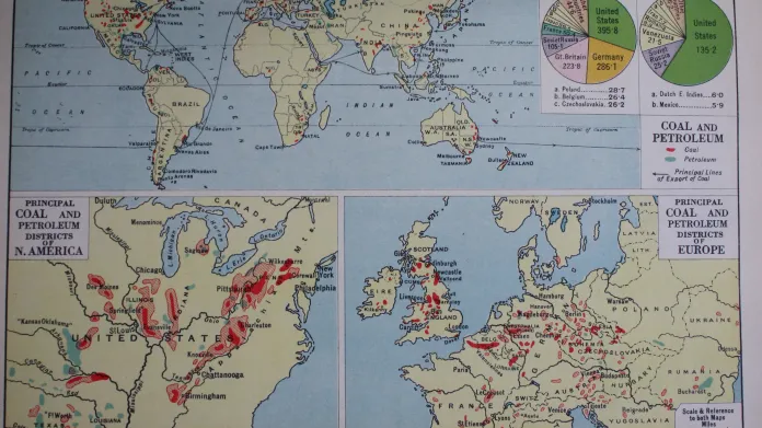 Mapa uhlí a ropy v atlase z roku 1938