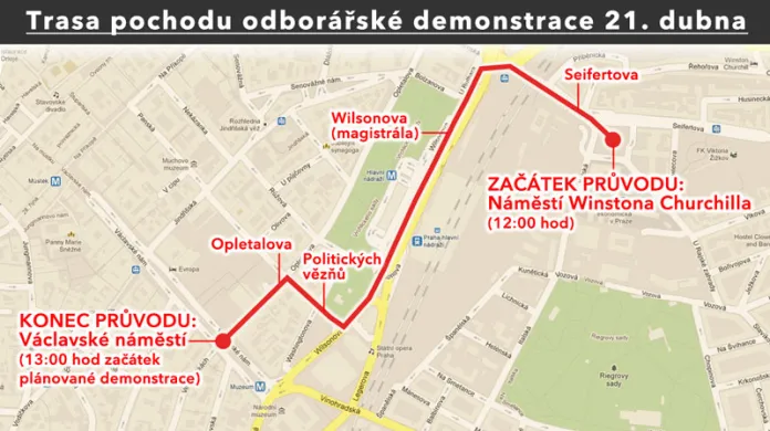 Mapa sobotního pochodu odborářů Prahou