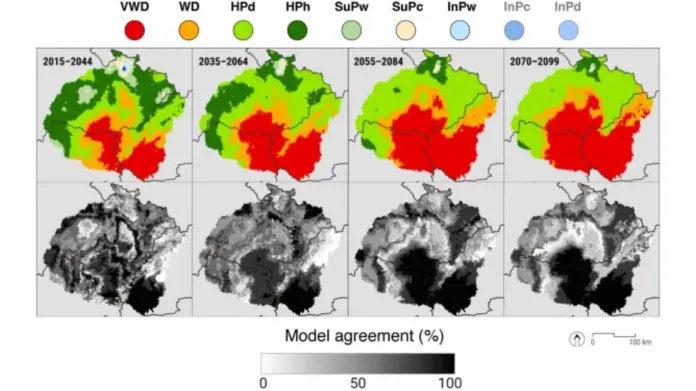 Projekce změn agroklimatických zón v průběhu 21. století s dalším rozšiřováním nevhodných horkých a suchých podmínek (červená barva) a posunem produktivnějších (zelená barva) zón směrem na sever. Do roku 2100 by téměř celé západní Slovensko mohlo čelit problémům pro pěstování plodin