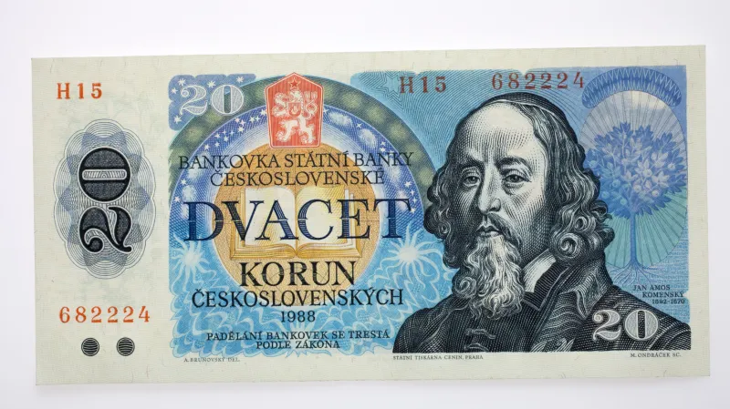 Papírová dvacetikoruna s portrétem Komenského, která platila v letech 1988 až 1993