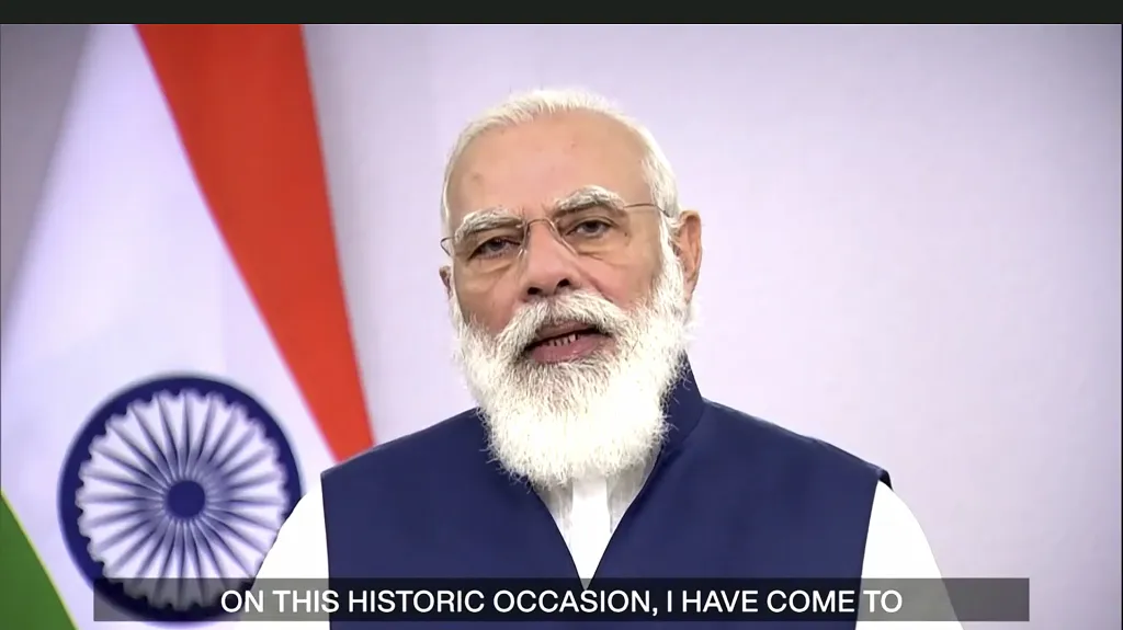 Indický premiér Naréndra Módí promlouvá k OSN v předem nahraném videu