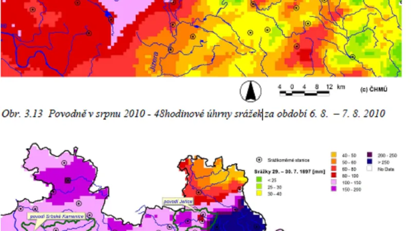 Dvoudenní úhrny srážek při povodních v roce 2010 a 1897