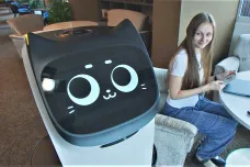 Robot s kočičí tváří obsluhuje hosty šumavského hotelu