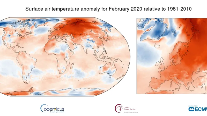 Teploty v únoru 2020 vůči průměru za roky 1981–2010