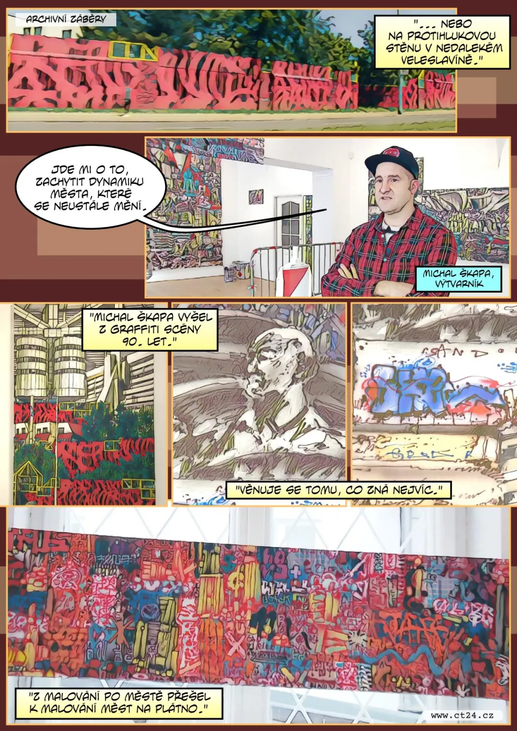 Streetartová výstava v Praze. Výtvarník komiksovými prvky ztvárňuje třeba bourání pomníků