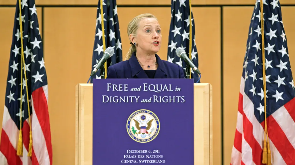 Hillary Clintonová při projevu v Ženevě