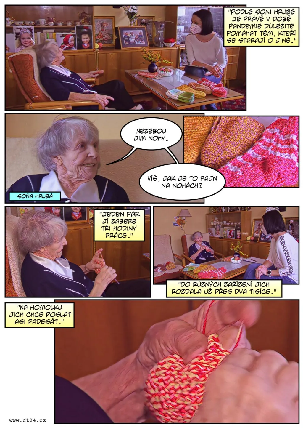 Devětaosmdesátiletá seniorka háčkuje ponožky pro nemocnice