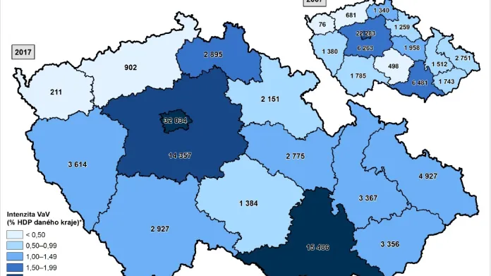 Celkové výdaje na výzkum a vývoj v krajích ČR