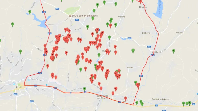 Pozitivní a negativní nálezy AMP u divokých prasat – vysoce riziková oblast v rámci zamořené oblasti