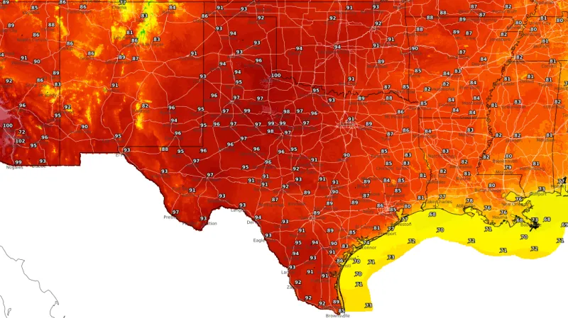 Předpověď teplot na sobotu pro jih USA ve stupních Fahrenheita. Pro srovnání: 100 stupňů Fahrenheita odpovídá asi 38 stupňům Celsia