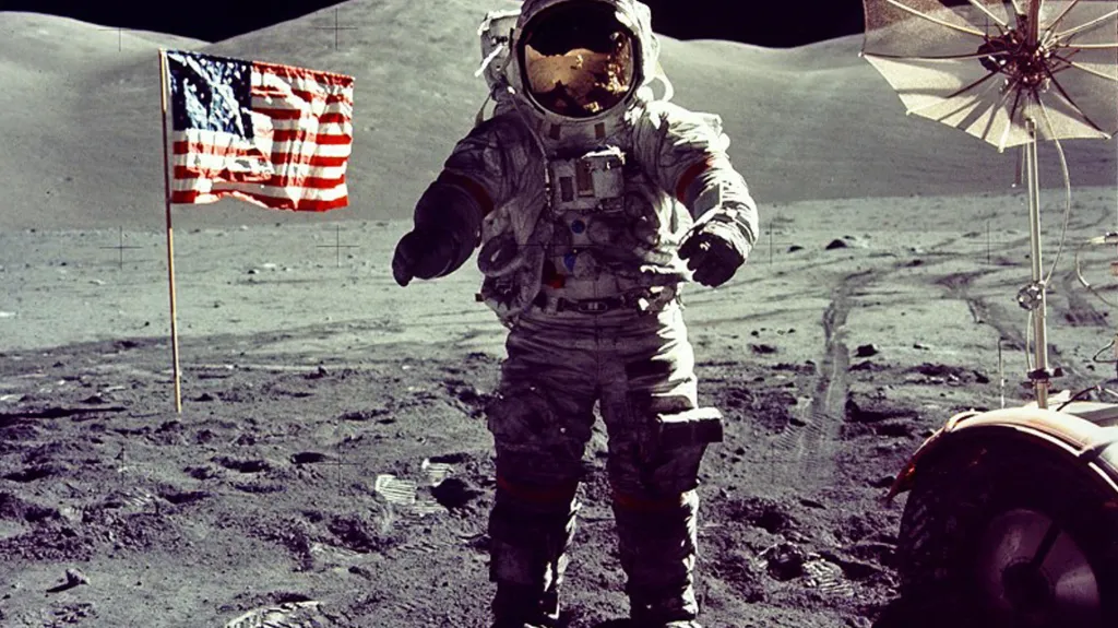 Astronaut Eugene Cernan kráčí k lunárnímu vozítku poblíž americké vlajky
