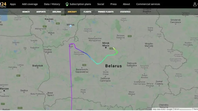 Trasa letu přinuceného k přistání v Minsku