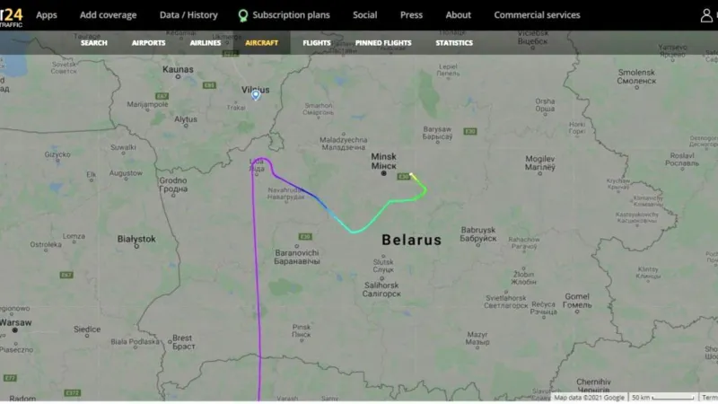 Trasa letu přinuceného k přistání v Minsku