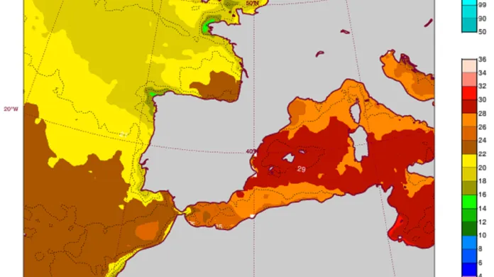 Aktuální povrchová teplota mořské vody v západním Středomoří