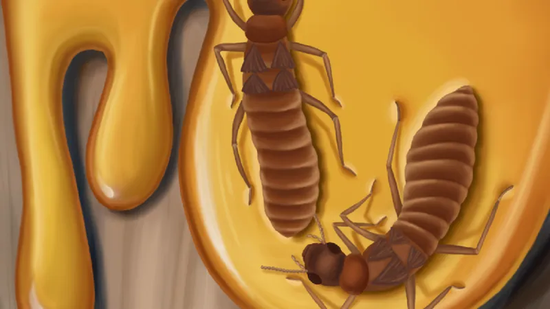 Umělecké ztvárnění fosilizace páření. Pryskyřice pomalu stéká po stromě, termiti se přilepí na lepkavém povrchu a nakonec zkamení v jantaru