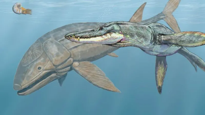 Liopleurodon na vizualizaci, v pozadí za ním Leedsichthys problematicus