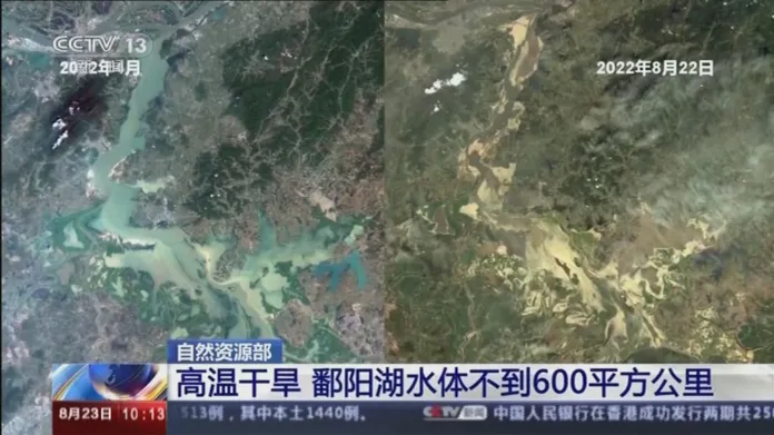 Jezero Pcho-jang-chu - srovnání dubna a srpna 2022