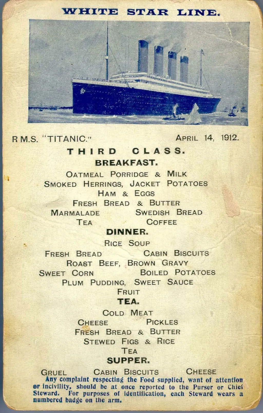 V londýnské aukční síni Sotheby's byl v roce 2000 vydražen za 20 625 britských liber jídelní lístek třetí třídy. Ten patřil Sarah Rothové, která potopení lodě přežila