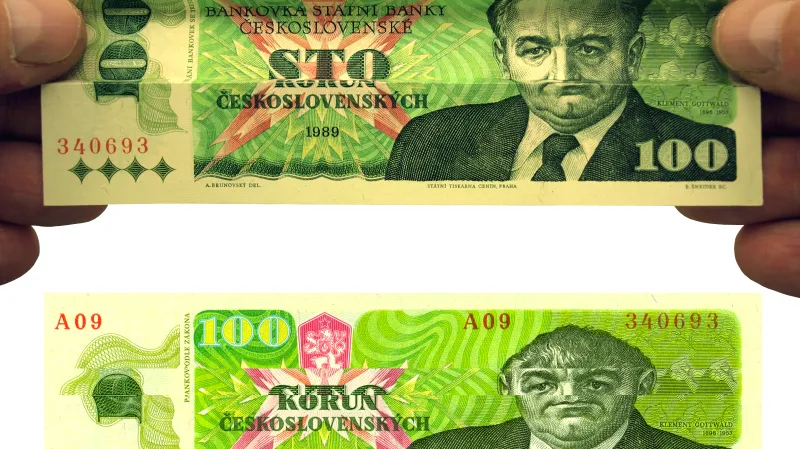 Princip triku se stokorunou vzoru 1989, kdy se portrét Klementa Gottwalda změní v příšerku