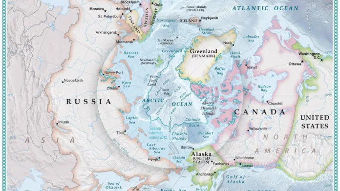 Severní ledový oceán s přiléhajícími státy. Zleva po směru hodinových ručiček Rusko, Norsko, Island, dánské Grónsko, Kanada, USA (Aljaška)