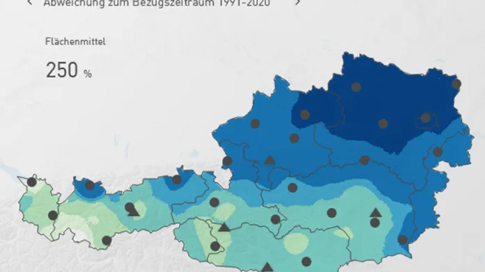 Odchylka množství srážek v Rakousku od dlouhodobého průměru let 1991–2020