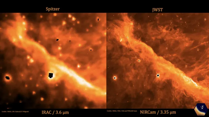 Rozdíl mezi snímkem z Webbova a Spitzerova teleskopu