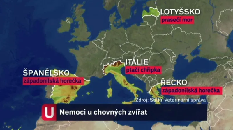 Mapa nemocí u chovných zvířat v Evropě
