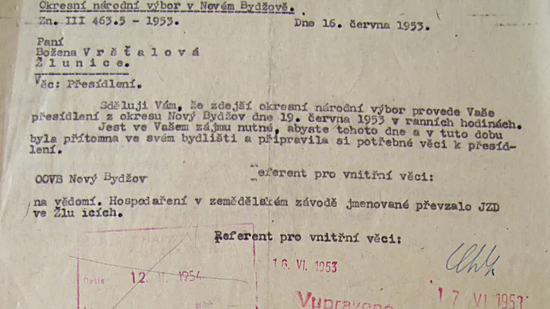 Text výměru, jímž byla B. Vršťalová vyrozuměna o vystěhování