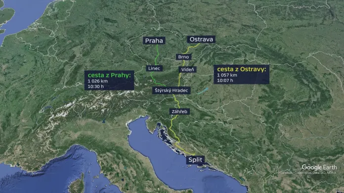 Trasy z Prahy a Ostravy do Splitu