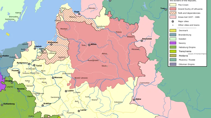 Ruské zisky na Polsku (růžově) v důsledku věčného míru 1686