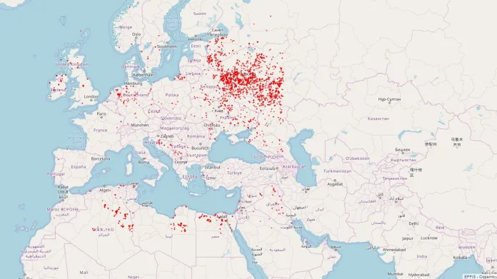 Množství požárů v Evropě