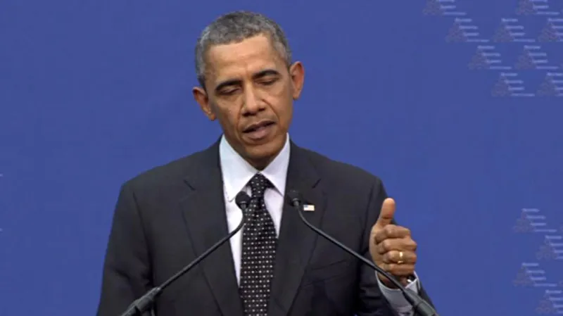 Barack Obama na brífinku v Haagu