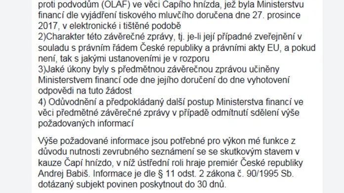 Dominik Feri požádal ministerstvo o zprávu OLAF k Čapímu hnízdu
