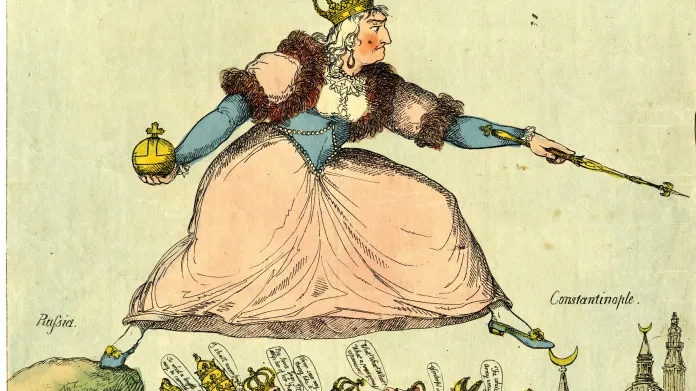 Satirická ilustrace „Císařský krok“ z britských novin z roku 1791