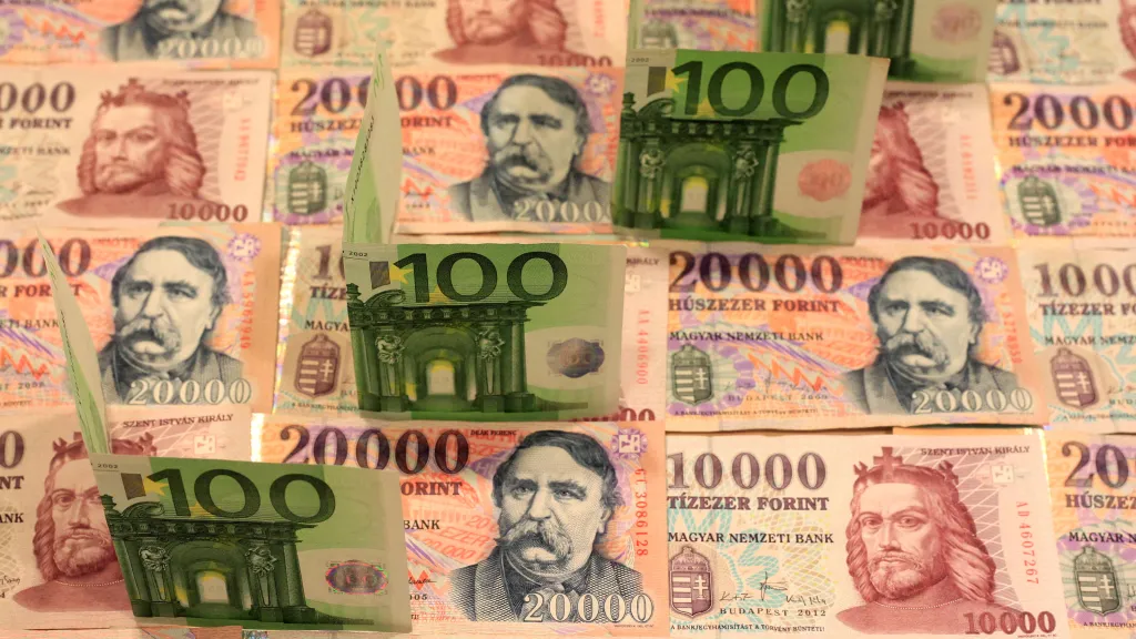 Bankovky maďarského forintu a eura, ilustrační snímek