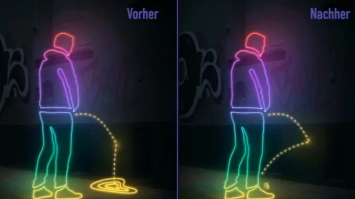 Animace proudu moči dříve (vlevo) a nyní - s použitím speciálního laku (vpravo)