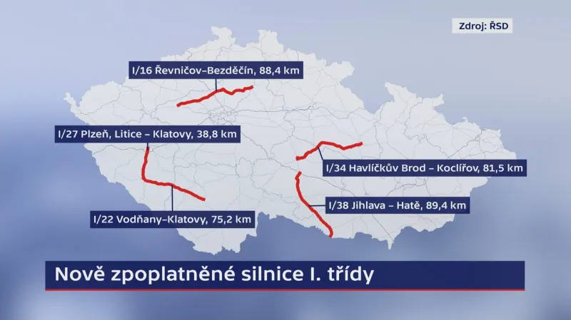Nově zpoplatněné úseky silnic I. tříd