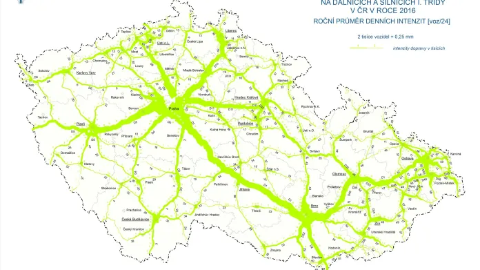 Intenzita dopravy na dálničních a silničních tazích Česka (2016)